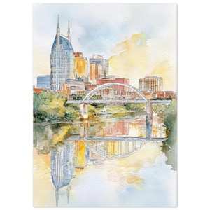 Impresión en acuarela del horizonte de Nashville: paisaje urbano de Tennessee, puente del centro, arte de EE. UU. imagen 1