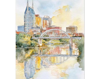 Nashville Skyline Aquarell Druck: Tennessee Stadtansicht,bildende Brücke Kunst USA Malerei