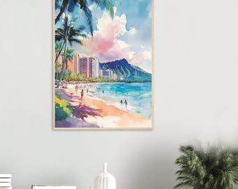ワイキキビーチの水彩画：ホノルル・ハワイ・アート、ダイヤモンド