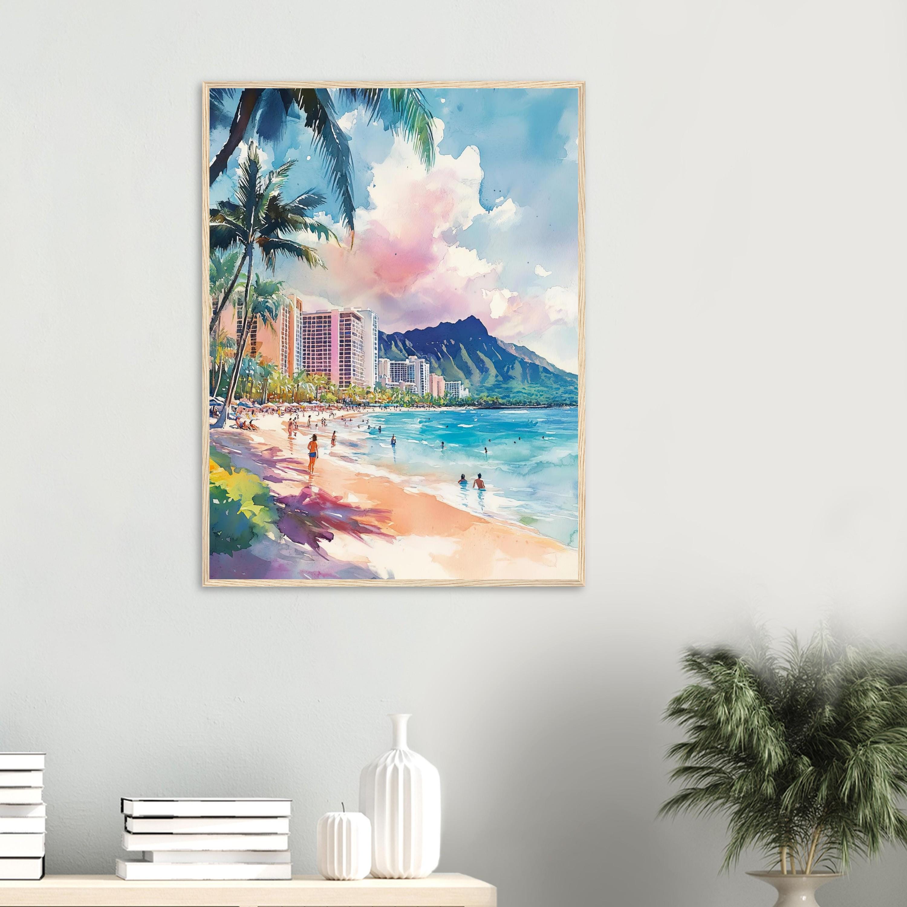 ワイキキビーチの水彩画：ホノルル・ハワイ・アート、ダイヤモンド