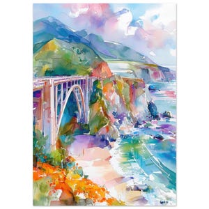 Big Sur California Watercolor Painting PRINT Bixby Bridge California Coast Wall Art Print California Poppies Artwork Canvas by NataliaAyuArt