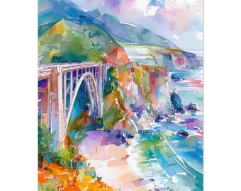 Big Sur Bixby Bridge Watercolor Print: California Coast Art, Poppies Canvas