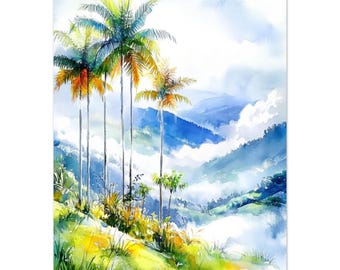 Impressão em aquarela do Vale do Cocora: Arte de paisagem tropical da Colômbia com palmeiras enevoadas, obra de arte para viagens à Colômbia.