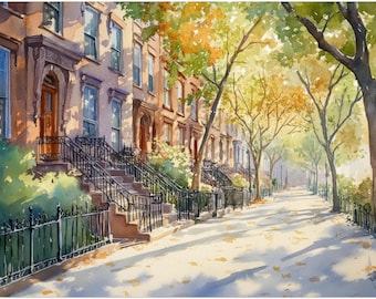 Brooklyn Brownstones Watercolor Art Print: NYC Autumn Cityscape
