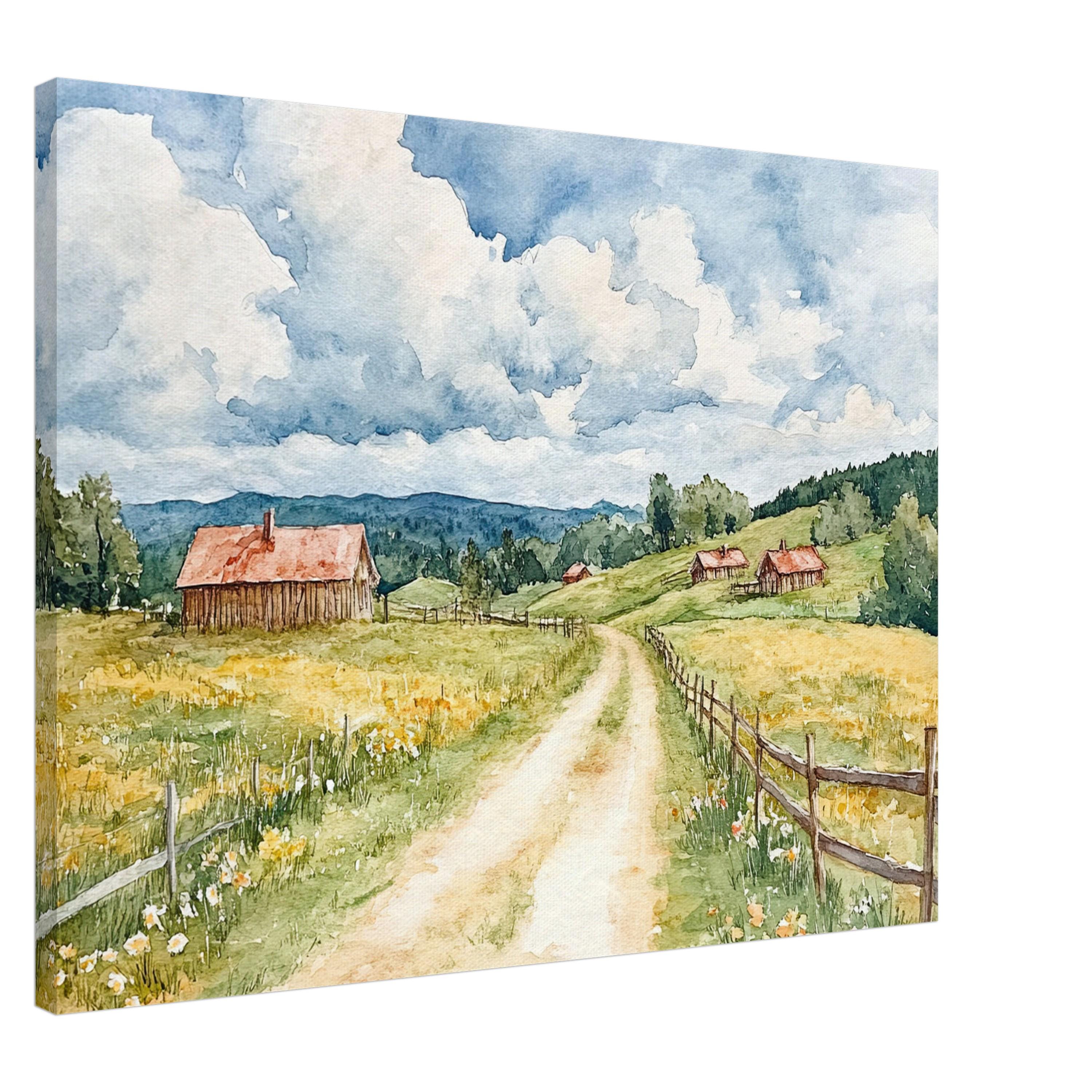 素朴な農家風水彩画プリント：穏やかな田園風景の壁掛けアート - Etsy 日本