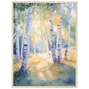 Birch Forest Watercolor Painting Print Sunlit Woodland Wall Art Print Nature Landscape Print by NataliaAyuArt