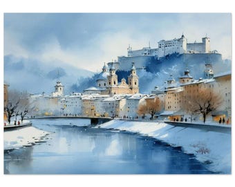 May include: A watercolor painting of a European city during winter, featuring a river in the foreground, snow-covered banks, and a large castle perched on a hill in the background. The scene is rendered in shades of blue, white, and soft brown.