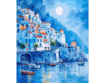 Positano Nacht Küste Aquarell Druck: Amalfi Italien Kunst, Mittelmeerblick