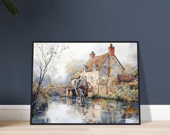 コッツウォルズのアートプリント：水車小屋の水彩画、イギリスの田園