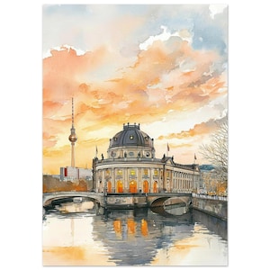 May include: Watercolor painting of a European cityscape at sunset. The image features a domed building with a bridge over a river, and a tall tower in the background. The sky is filled with orange and yellow hues.