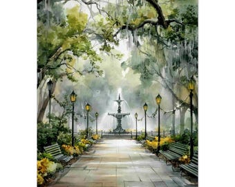 Forsyth Fountain Watercolor Print: Savannah Cityscape Wall Art Georgia Canvas