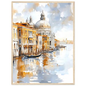 Peut inclure: Une peinture à l'aquarelle d'un canal à Venise, en Italie. La peinture représente un grand bâtiment d'église avec un dôme, plusieurs bâtiments plus petits et des gondoles dans l'eau. L'eau est d'un bleu clair et reflète les bâtiments et le ciel.