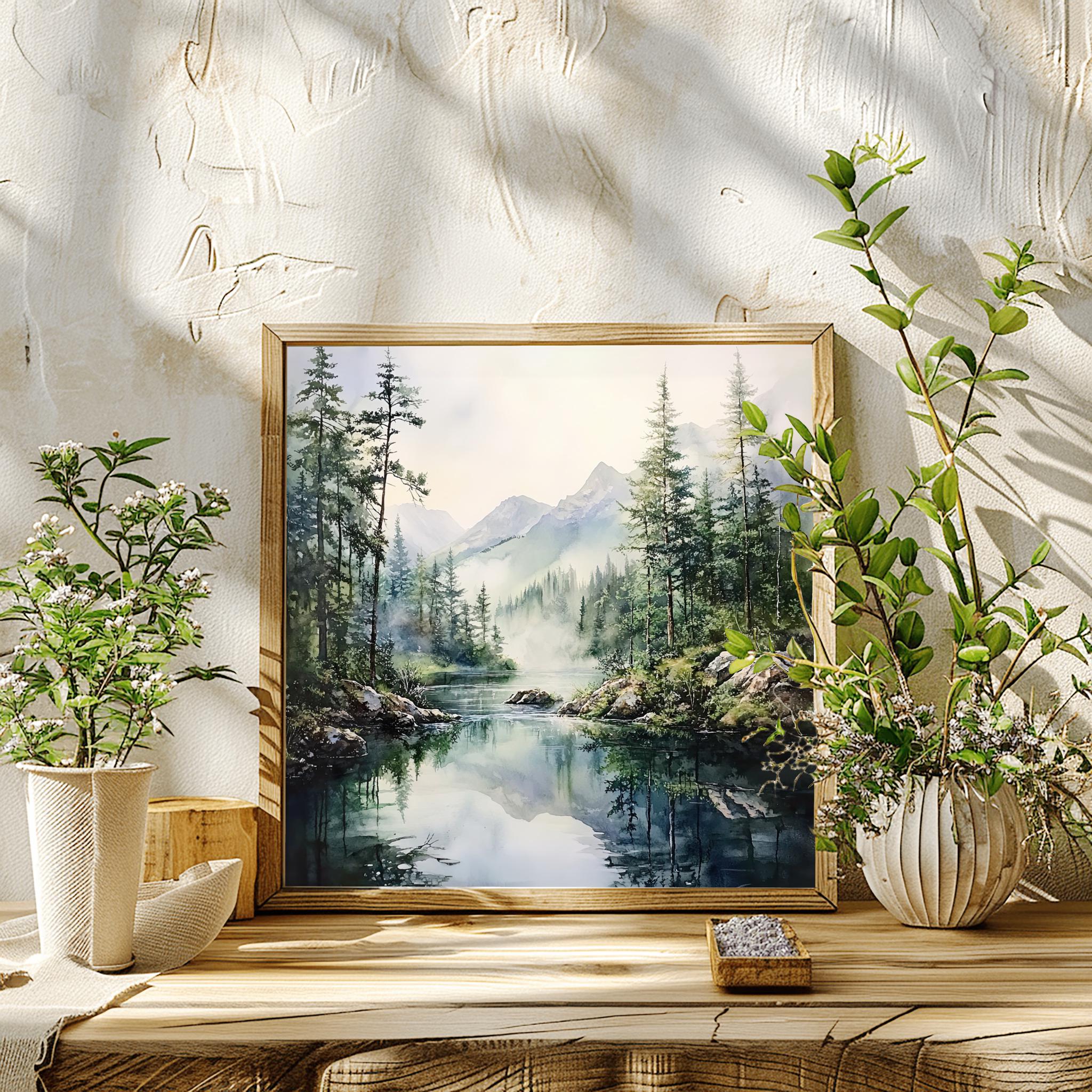 霧深い山の川の水彩画プリント：静かな松林の風景壁掛けアート - Etsy 日本