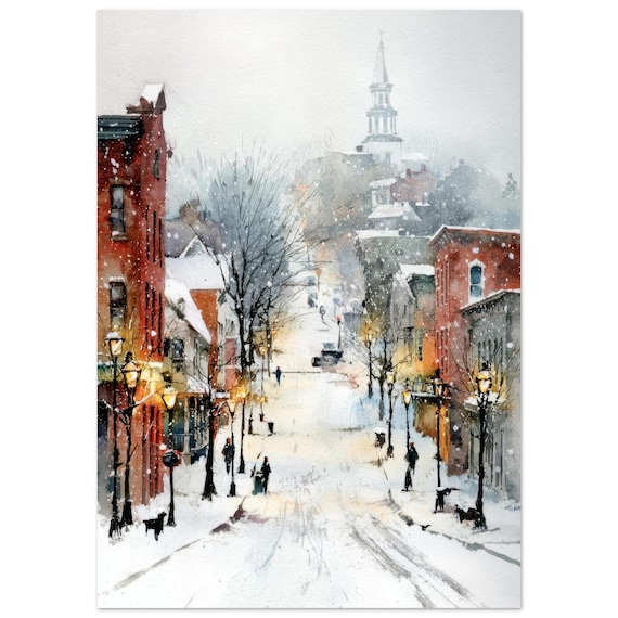 水彩画 教会のある通り フランス Watercolor painting road to church