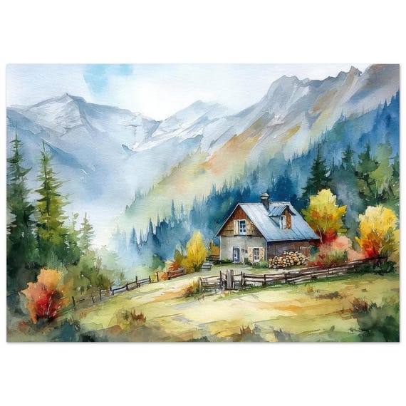 秋のアルプスの水彩画：素朴なオーストリアの山岳風景のアートプリント