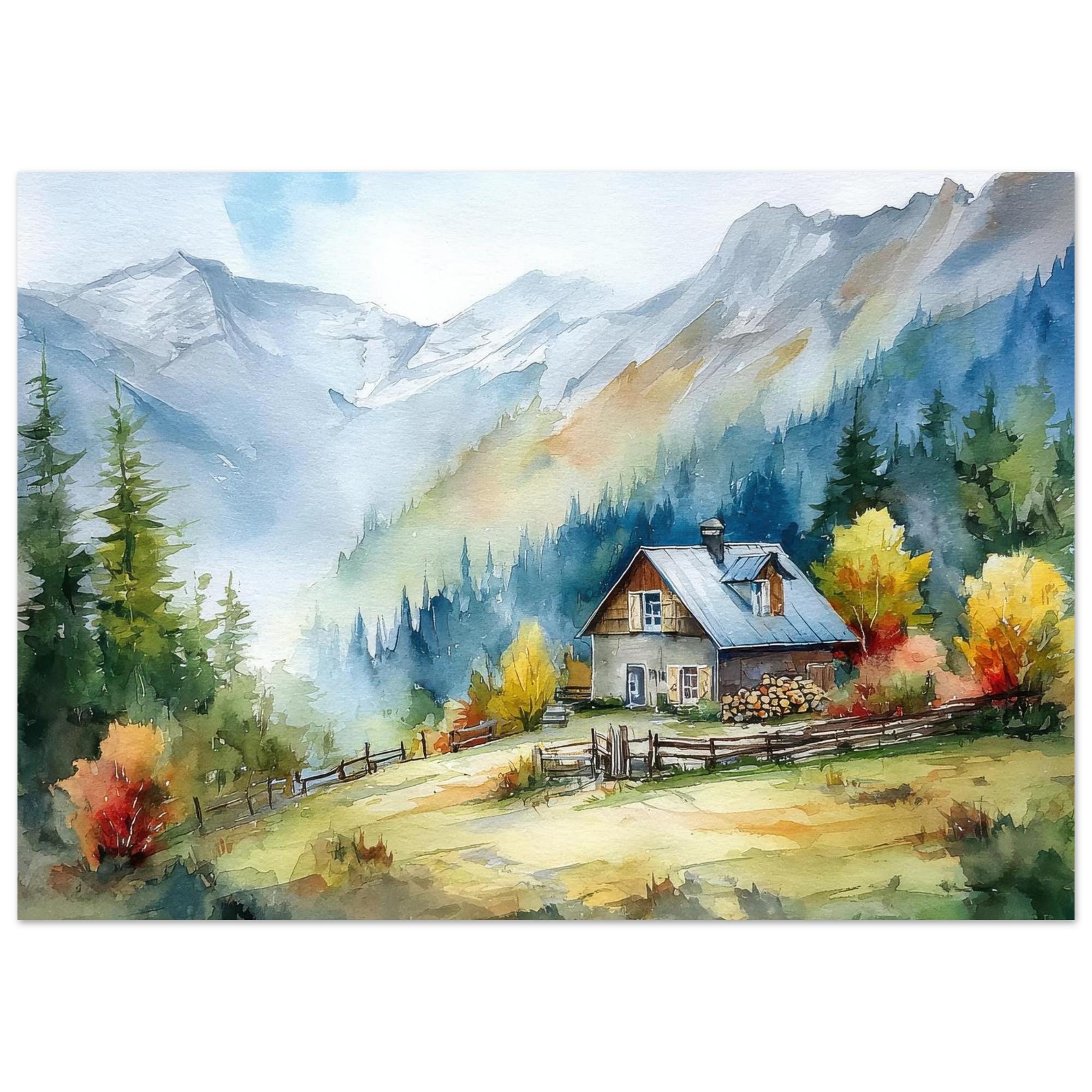 絵画　アルプスの風景画 秋のアルプスの水彩画：素朴なオーストリアの山岳風景のアートプリント