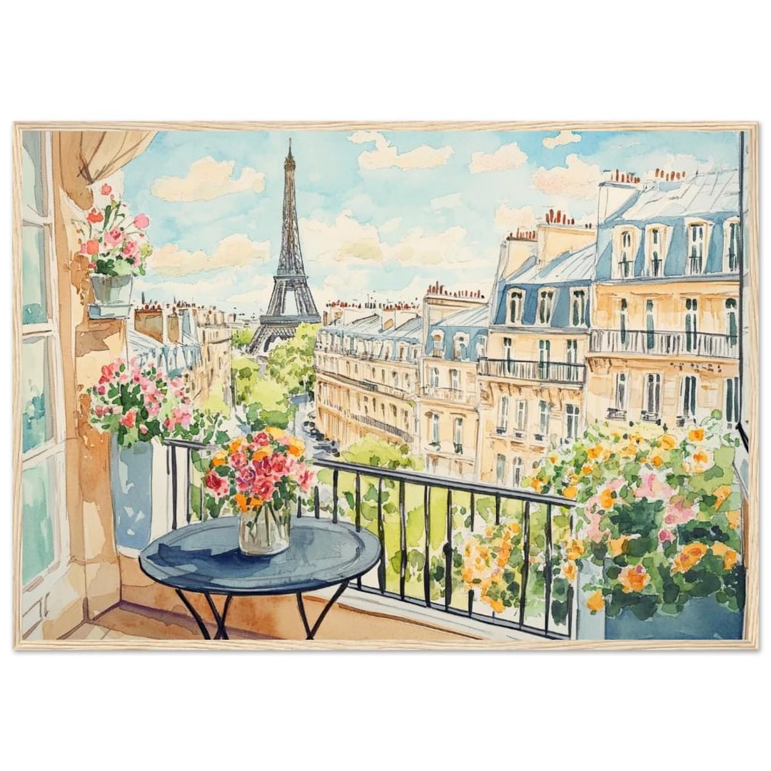 パリのバルコニーの水彩画プリント、エッフェル塔の眺めの壁掛けアート