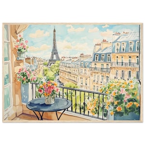 Eiffel Tower Balcony View Watercolor PRINT Romantic Parisian Rooftops Floral Wall Art Print France Springtime Paris Poster by NataliaAyuArt