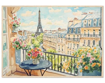 Paris Balcony Watercolor Print, Eiffel Tower View Wall Art, Parisian Apartment Painting, Romantic French Floral Terrace Decor