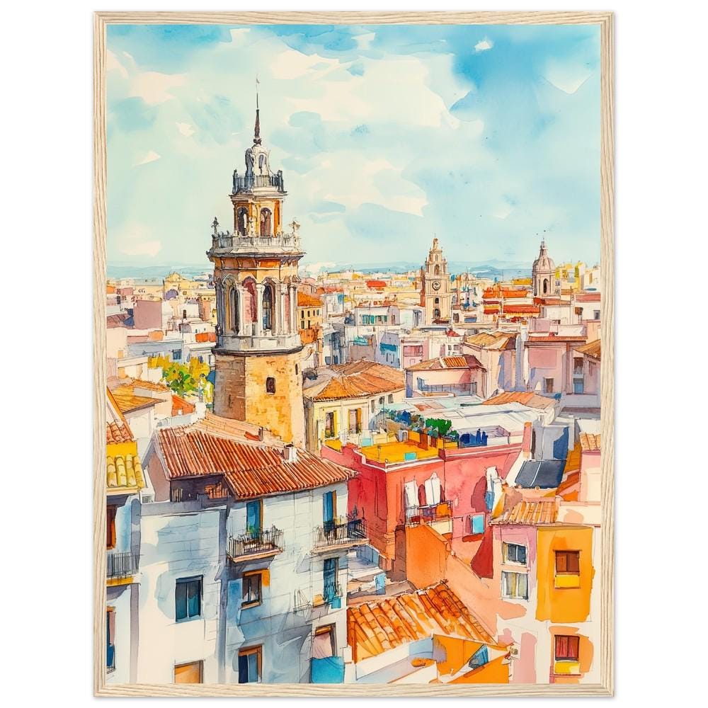 スペインの旅（水彩画） バレンシア水彩画プリント：スペインの街並みの壁掛けアート、カラフル