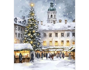 May include: Watercolor painting of a snowy Christmas market scene. A large Christmas tree with lights stands in the center, with market stalls and people in the foreground. Buildings with snow-covered roofs and a church tower are in the background.