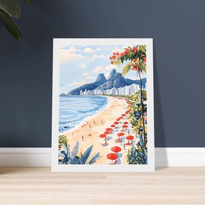 May include: A colorful illustration of a beach scene in Rio de Janeiro, Brazil. The image features a beach with red umbrellas, palm trees, and a view of the city and mountains in the distance.
