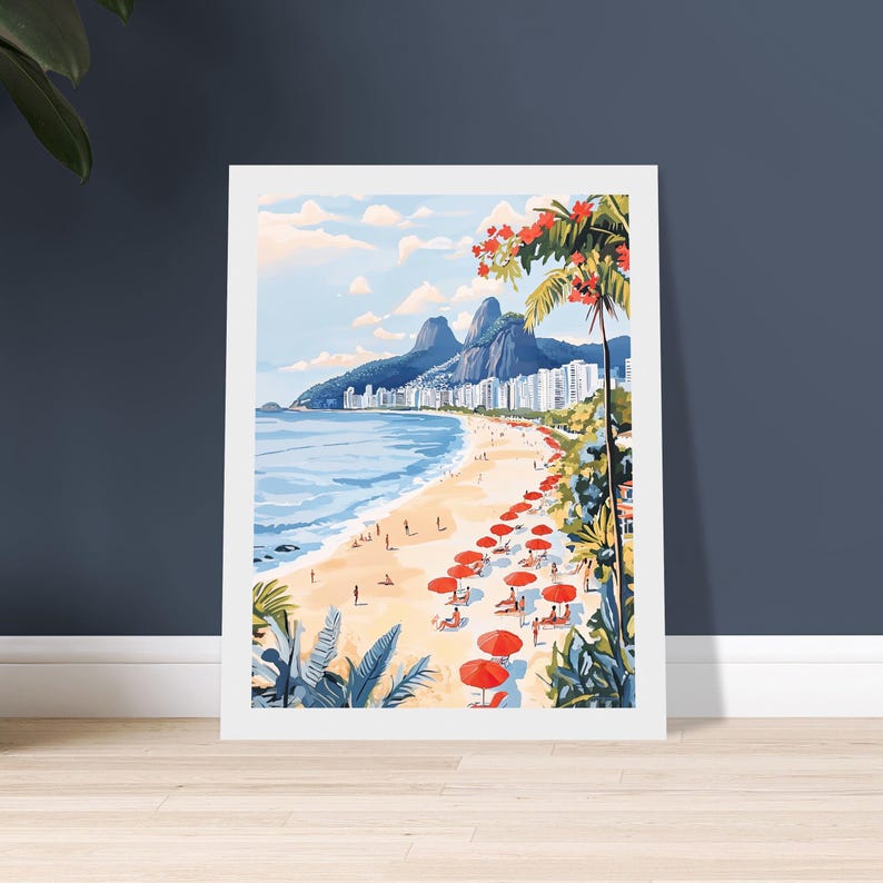 May include: A colorful illustration of a beach scene in Rio de Janeiro, Brazil. The image features a beach with red umbrellas, palm trees, and a view of the city and mountains in the distance.