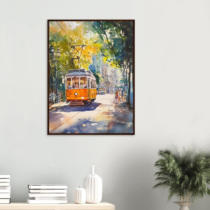May include: A watercolor painting of a yellow streetcar traveling down a street lined with trees. The streetcar is full of passengers and is moving through a sunny, urban setting.