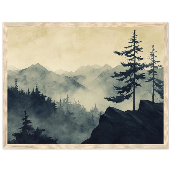 霧深い山々の森の水彩画プリント：穏やかな自然風景画 - Etsy 日本