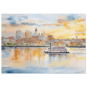 Mississippi River Wall Art Print New Orleans Sunset Skyline Watercolor Painting Style Steamboat Southern USA Poster by NataliaAyuArt