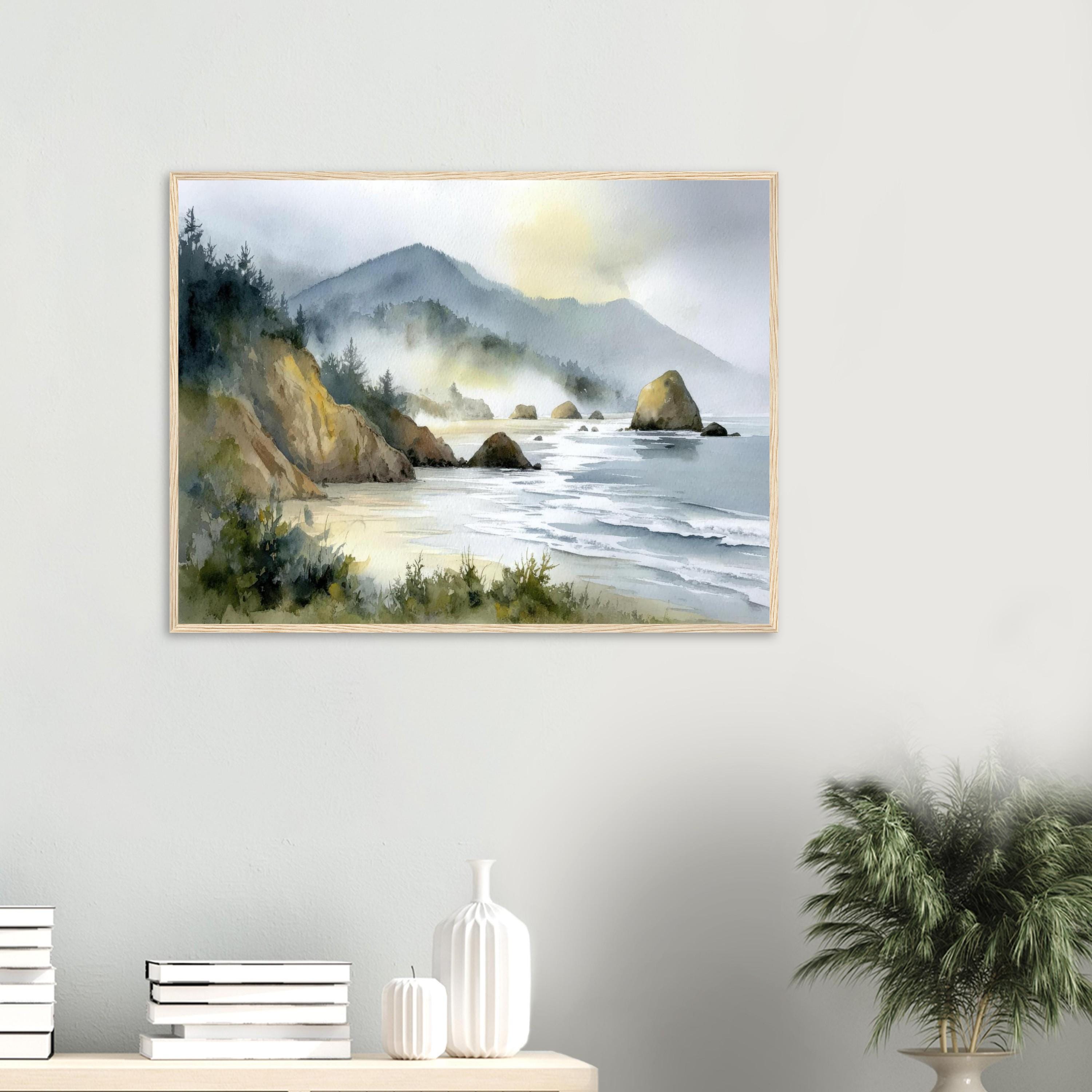 キャノンビーチの水彩画プリント：オレゴン海岸の風景壁掛けアート