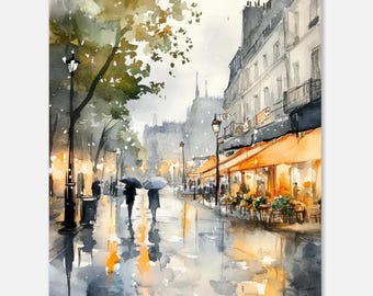 Paris Rainy Street Watercolor Print: Romantic French Cafe Wall Art Print