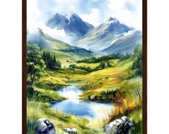 スコットランド高地の水彩画プリント：山と川の風景画 - Etsy 日本