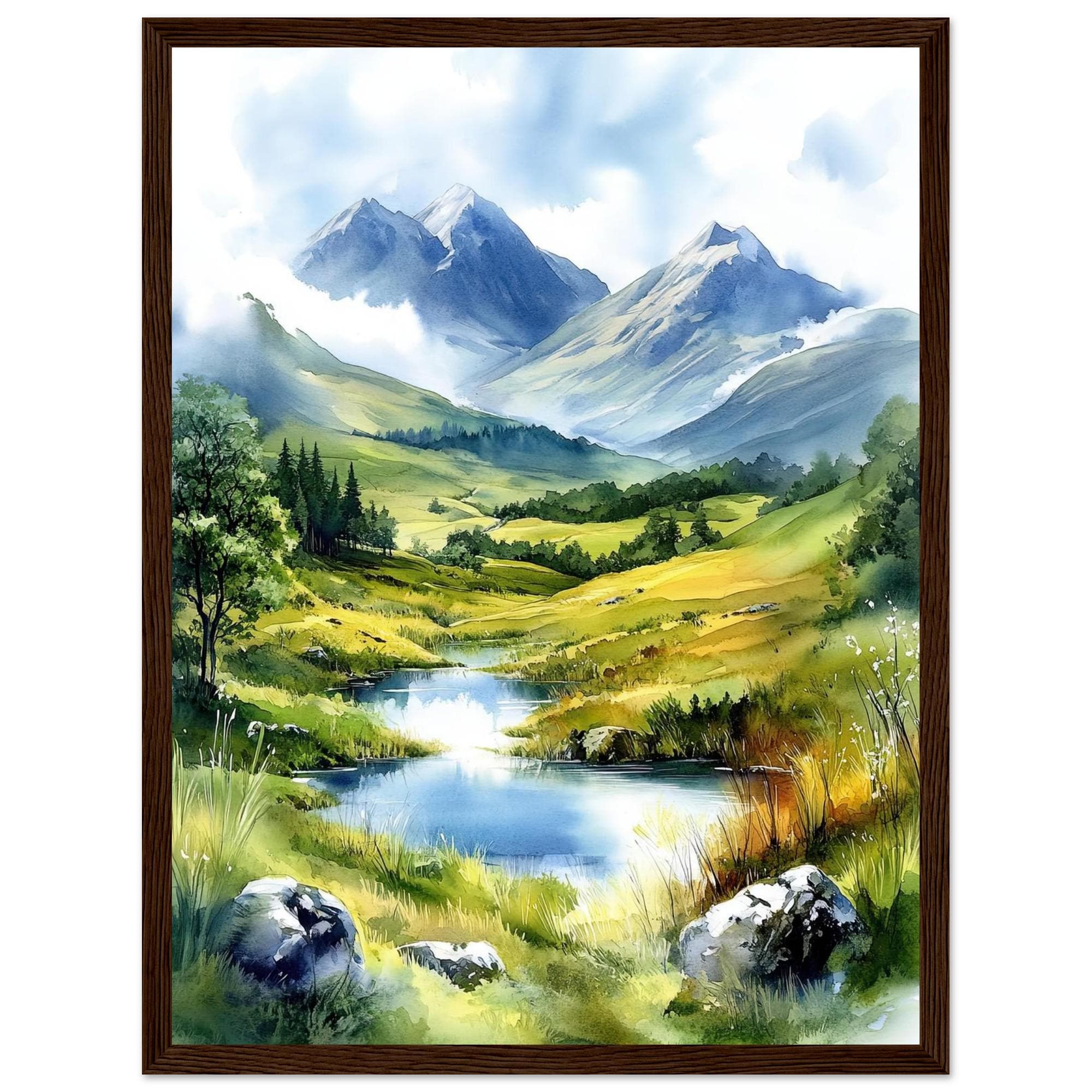 スコットランド高地の水彩画プリント：山と川の風景画 - Etsy 日本