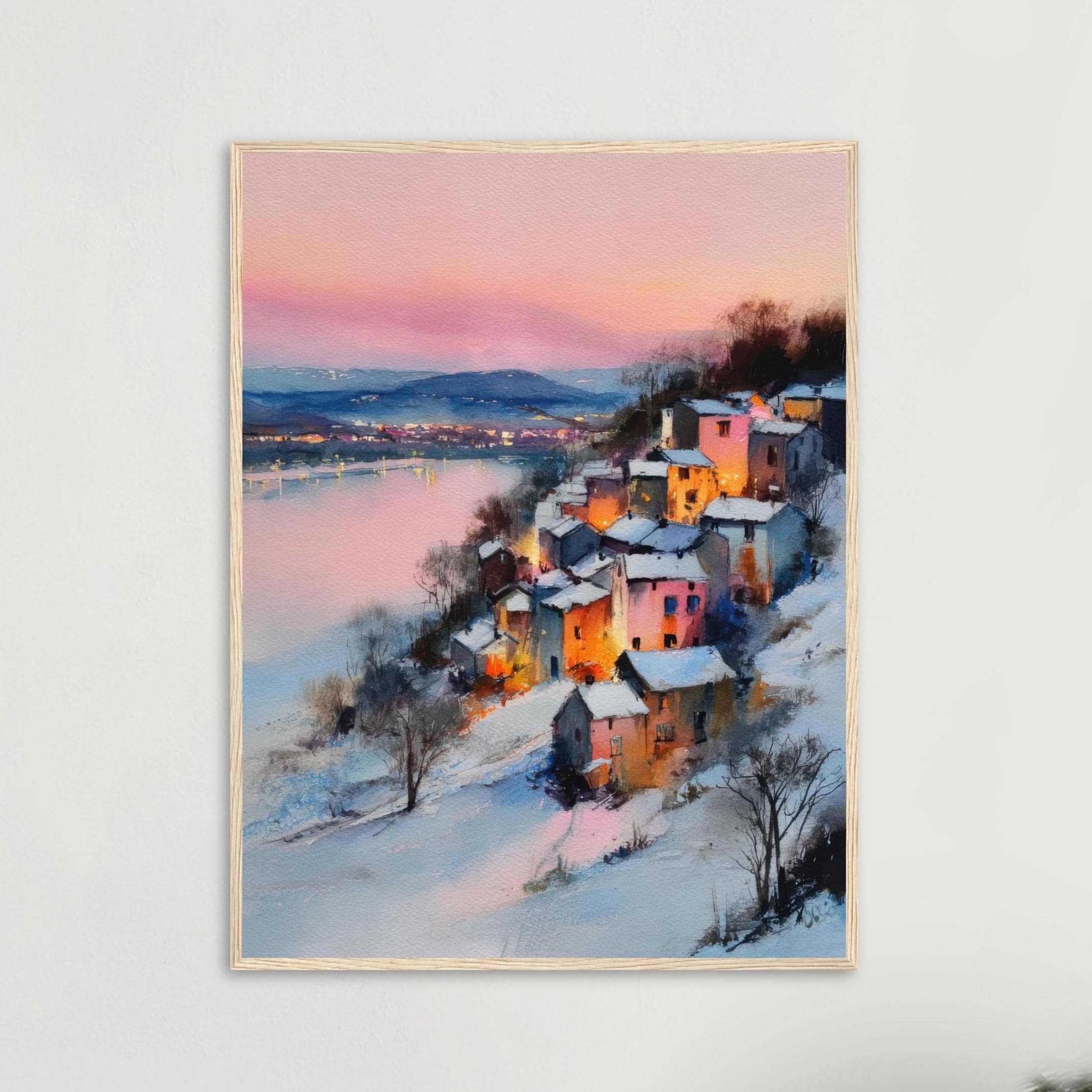 冬の村の水彩画：心地よいヨーロッパの風景画 - Etsy 日本
