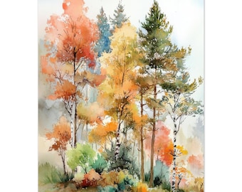 秋の水彩風景画 色鮮やかな紅葉の絵画 秋の壁アート - Etsy 日本