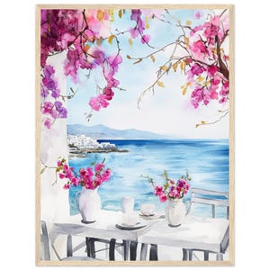 Greek Island Bougainvillea Watercolor Art Print Mykonos Sea View Wall Art Print Greece Coastal Print Ocean Travel Poster by NataliaAyuArt