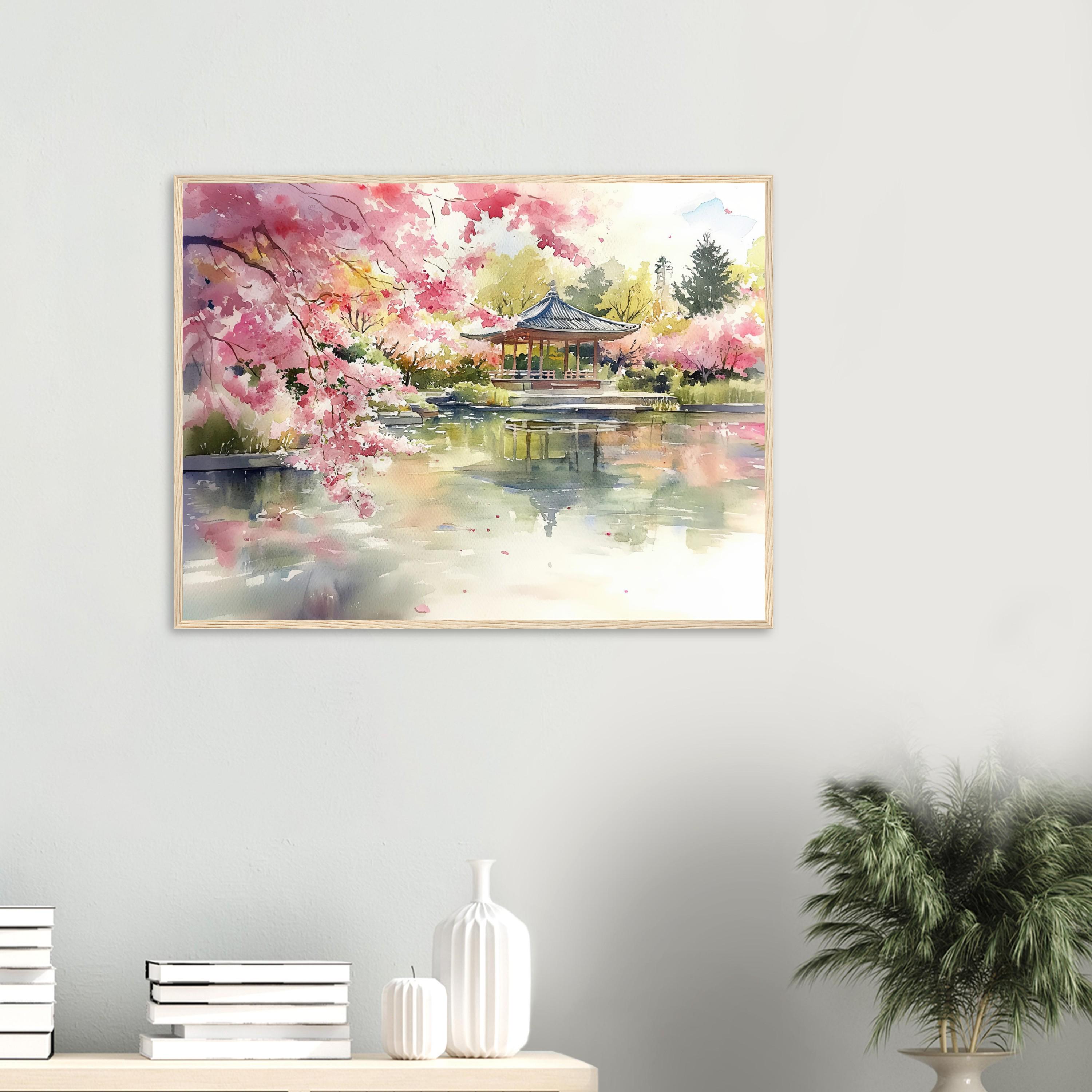 日本庭園の水彩画：桜と桜池の風景 - Etsy 日本