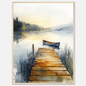 Impresión de acuarela de muelle en el lago Canoe, impresión de arte mural en canoa, póster de serenidad junto al lago, obra de arte en kayak, arte paisajístico de NataliaAyuArt