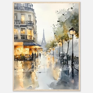 Paris Street Scene Watercolor Painting Print Rainy Paris Eiffel Tower Wall Art Print Cozy Café Scene Parisian Street Art by NataliaAyuArt