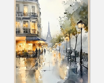 Pode incluir: Uma pintura em aquarela de uma cena de rua parisiense com um café intensamente iluminado por uma luz amarela quente, uma fileira de postes de luz escuros e a Torre Eiffel ao longe. O pavimento molhado reflete o brilho dourado das luzes.