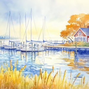 Chesapeake Bay Marina Watercolor Painting Print Maryland Wall Art Print Boats Dock Nautical Artwork USA Lake Artwork by NataliaAyuArt