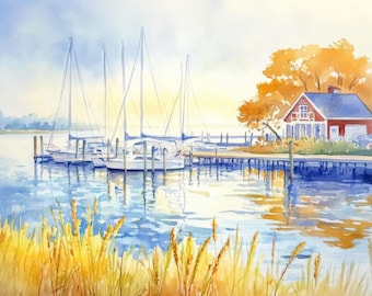May include: Watercolor painting of a serene harbor scene. White sailboats are docked at a wooden pier, with a red house and orange tree in the background. The water reflects the sky and boats, with yellow reeds in the foreground.