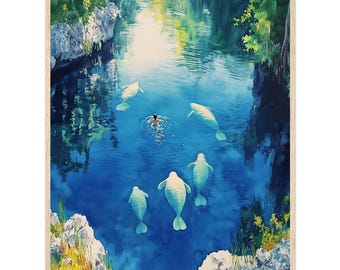 Manatee Watercolor Print: Blue Spring State Park, Florida River Art
