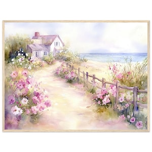 Impression de peinture à l'aquarelle côtière de Cape Cod, charmante maison de plage, impression d'art mural avec fleurs, vue sur l'océan, oeuvre d'art paisible en bord de mer par NataliaAyuArt