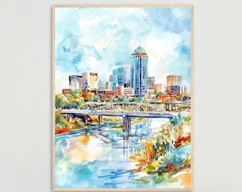 Shreveport Skyline Watercolor Print: Louisiana Riverfront Wall Art