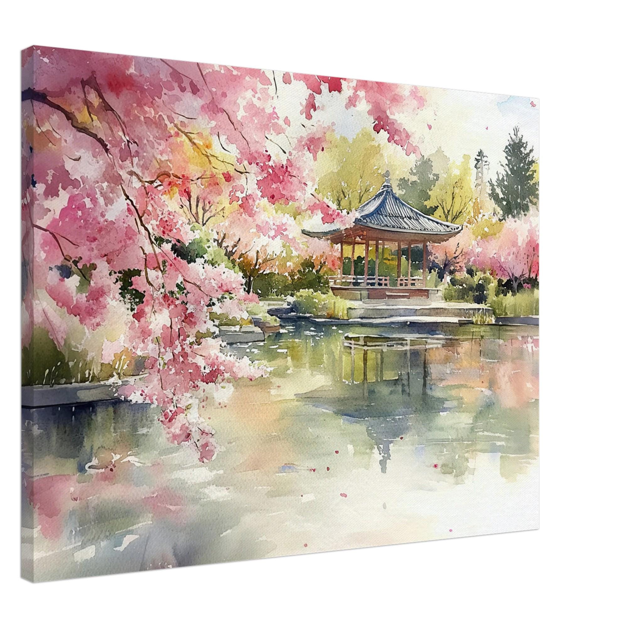 日本庭園の水彩画：桜と桜池の風景 - Etsy 日本