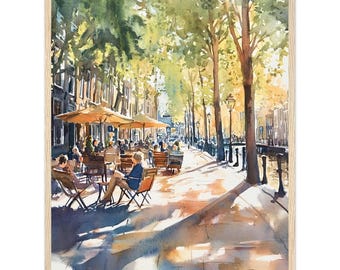 Lámina artística en acuarela de la calle del canal de Utrecht, Países Bajos: Escena de un café holandés para decorar la pared.