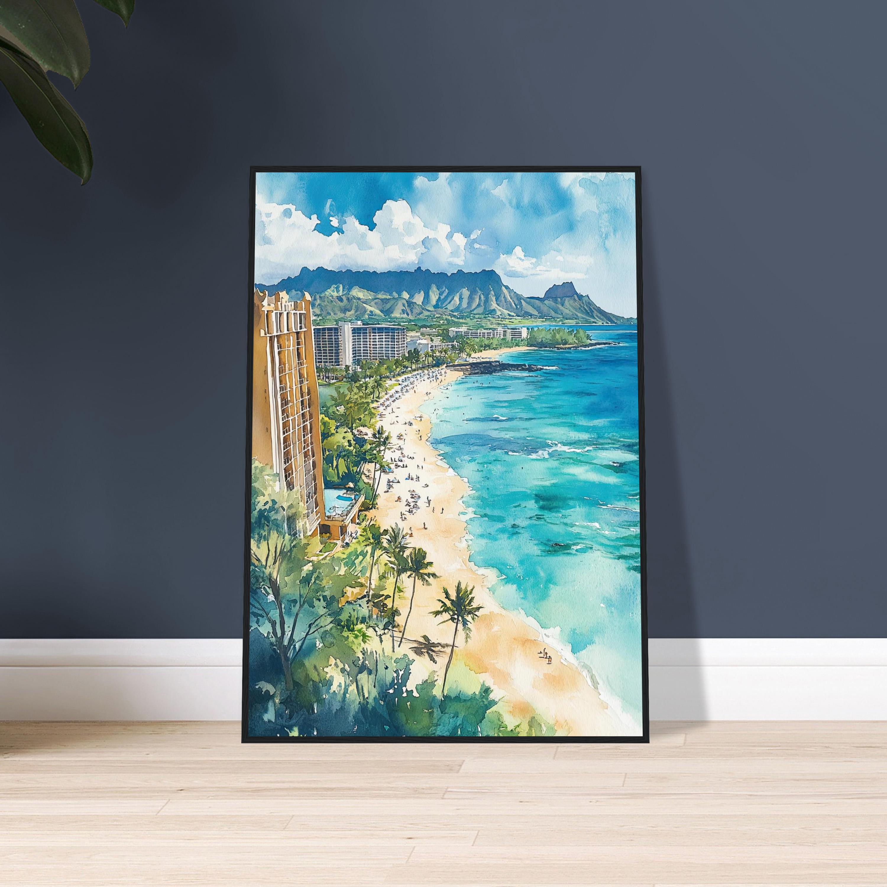 ワイキキビーチの水彩画：ハワイの海岸沿いの山の景色 - Etsy 日本