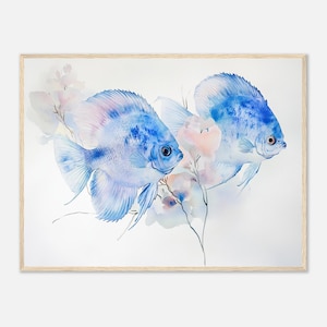 Tropical Blue Fish Watercolor Painting PRINT Colorful Discus Fish Ocean Art Nature Wall Art Elegant Fish Artwork Ocean Art by NataliaAyuArt